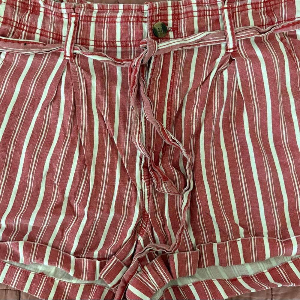 American Eagle Outfitters Red and White Striped Tie-Waist Jean Shorts